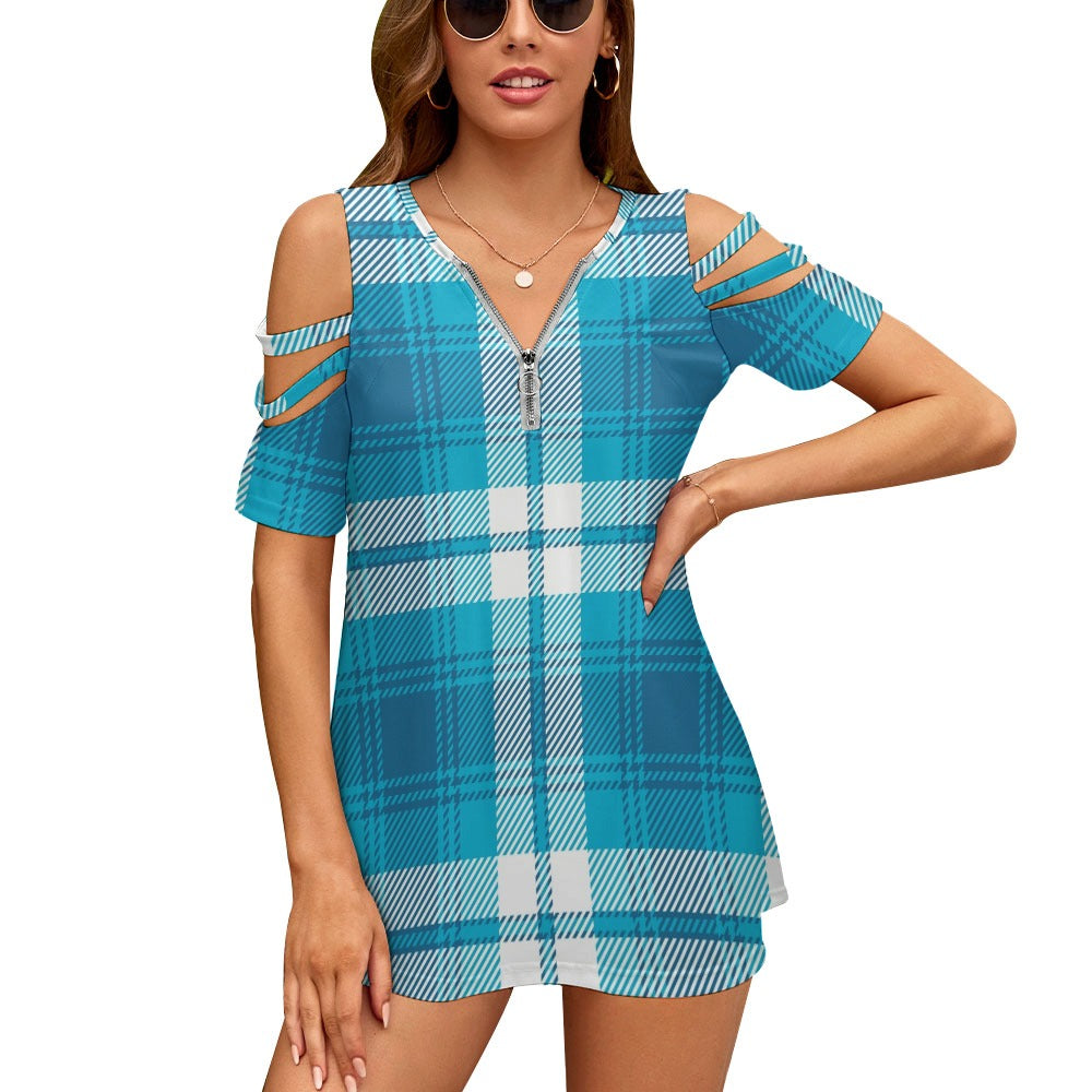 Ladies Blue Plaid BE Zip Off Shoulder Top
