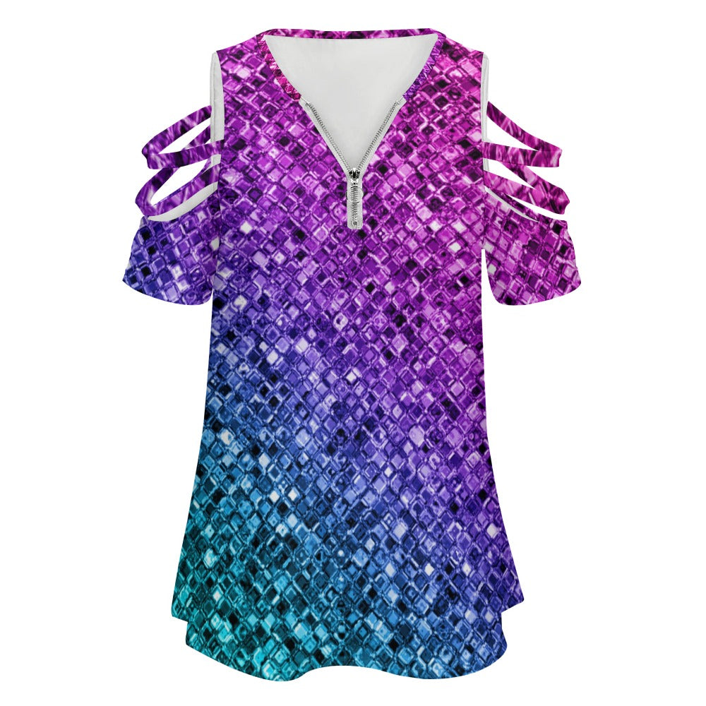 Ladies Glitter Look Zip Off Shoulder Top