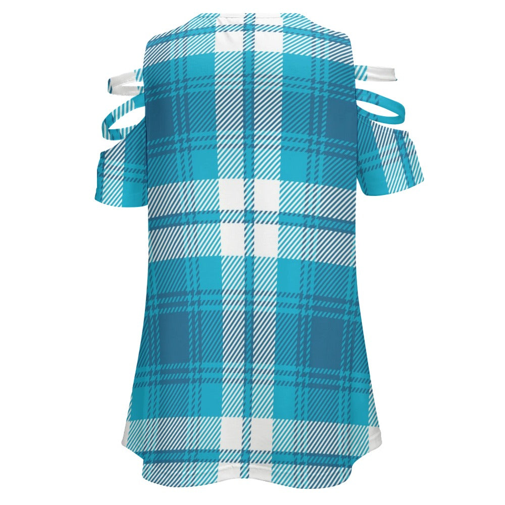 Ladies Blue Plaid BE Zip Off Shoulder Top