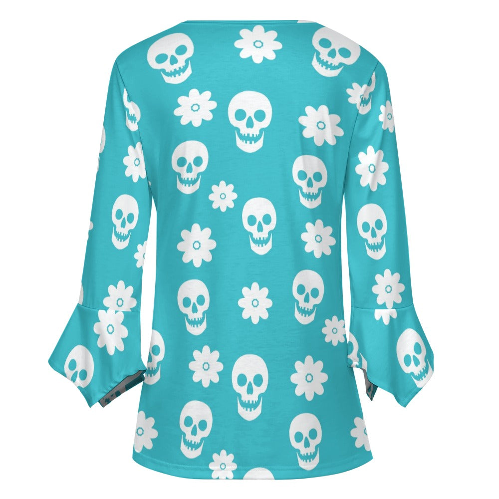 Lt Blue Floral Skulls Ruffled Petal Sleeve Top