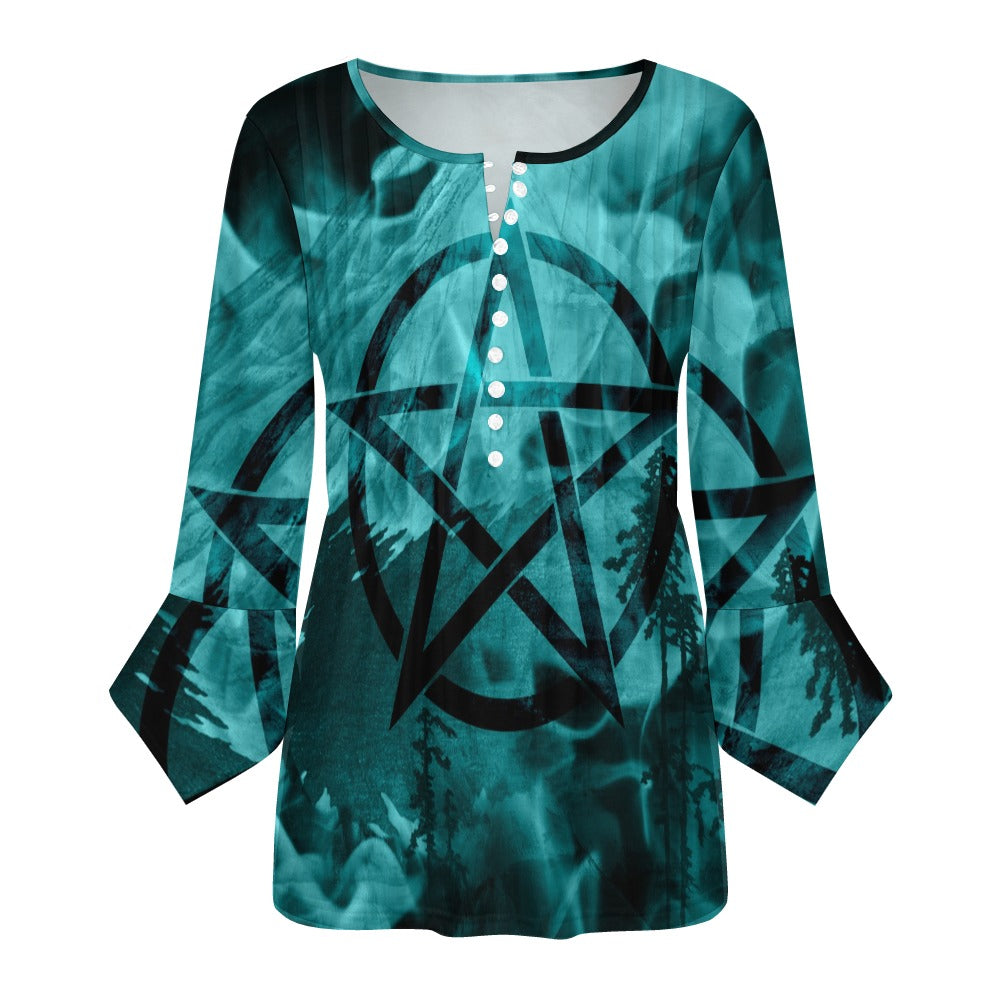 Blue Pentagram Ruffled Petal Sleeve Top