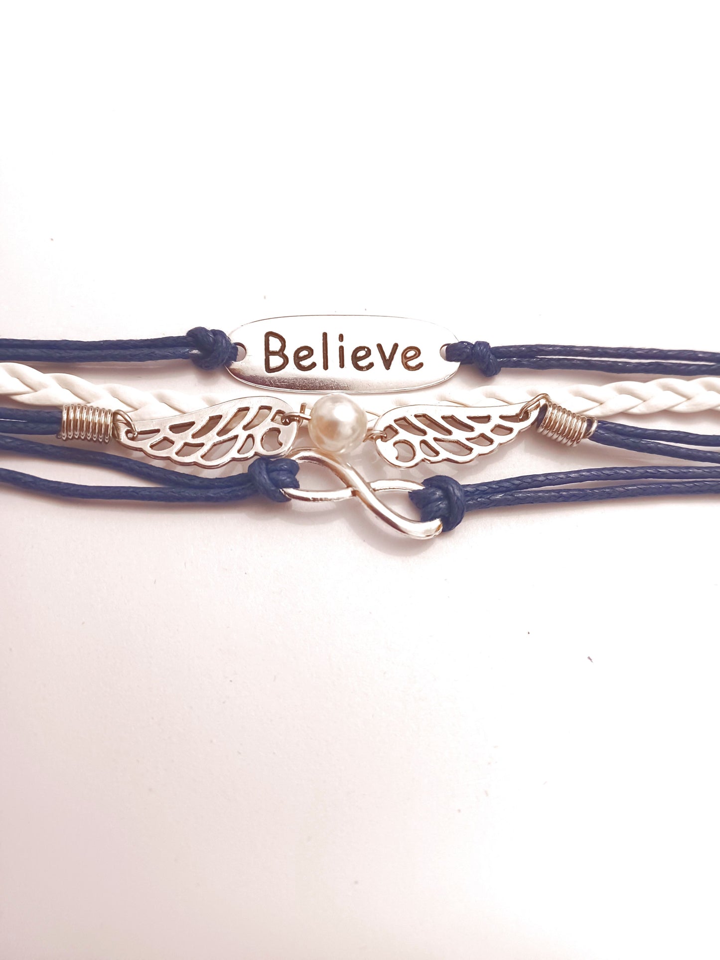 Black and White Infinity Wings Believe Multi-Layered Bracelet