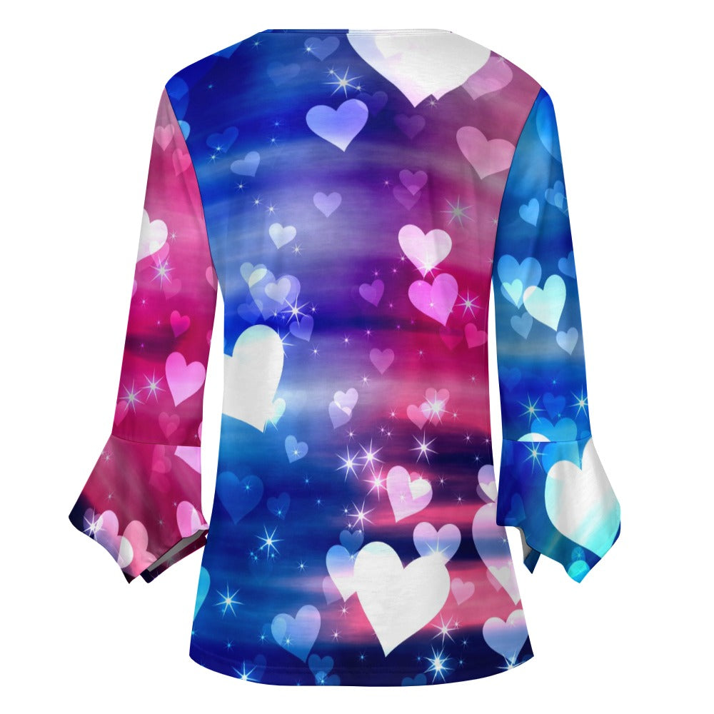 Hearts Print Ruffled Petal Sleeve Top