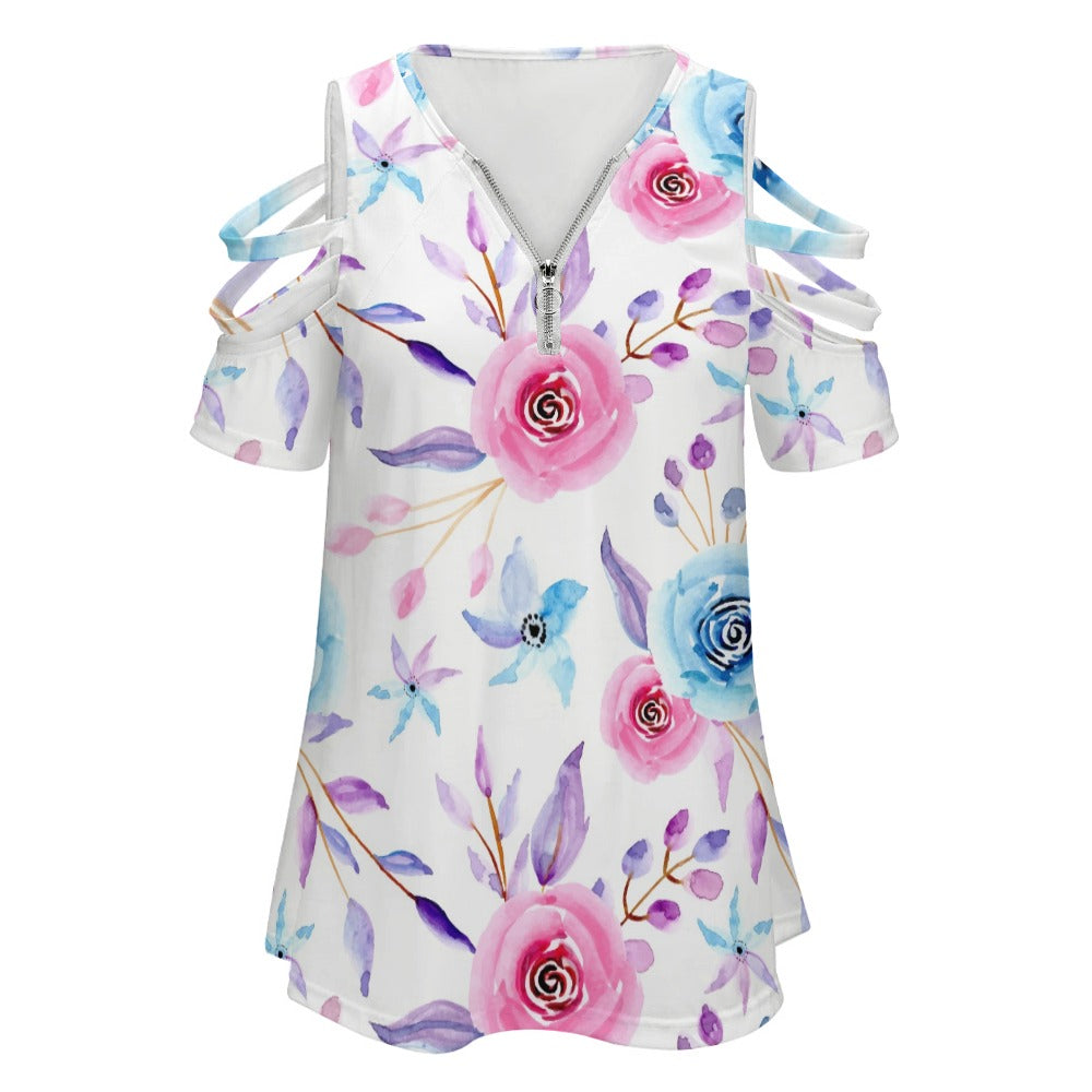 Ladies Floral BE Zip Off Shoulder Top