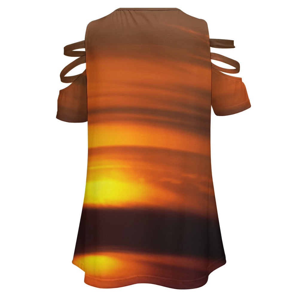 Ladies Beach Sunset BE Zip Off Shoulder Top