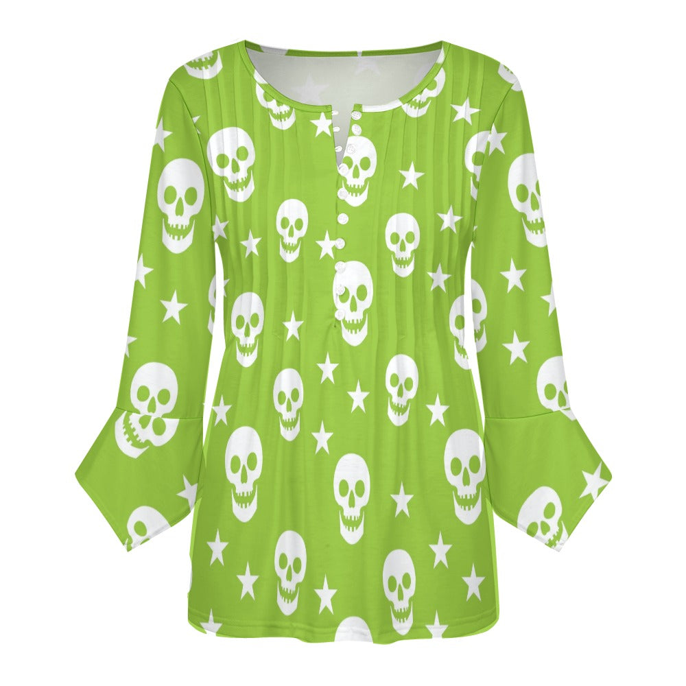 Green Skull Print Ruffled Petal Sleeve Top