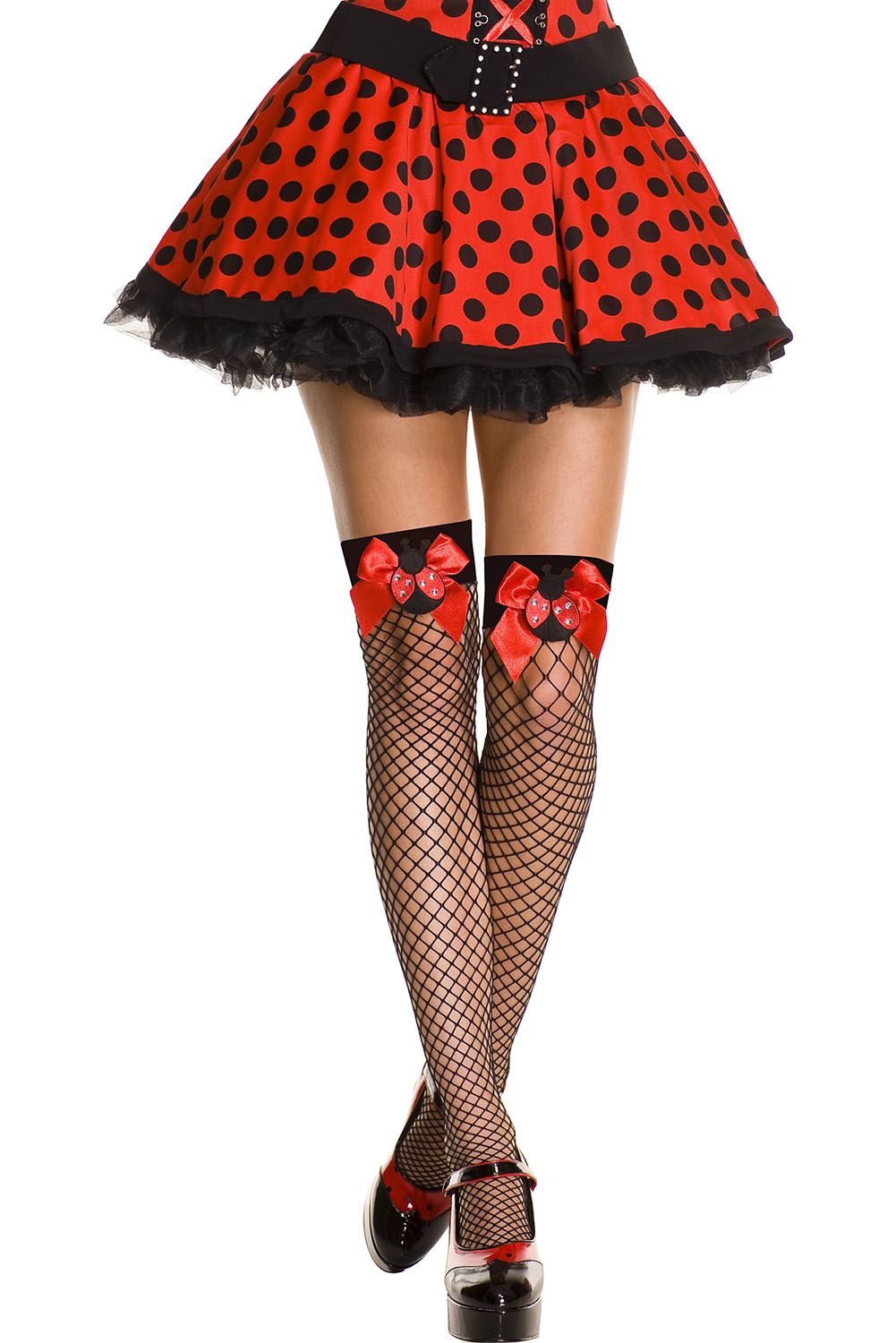 Fishnet Thigh Hi With Bow and Lady Bug Applique