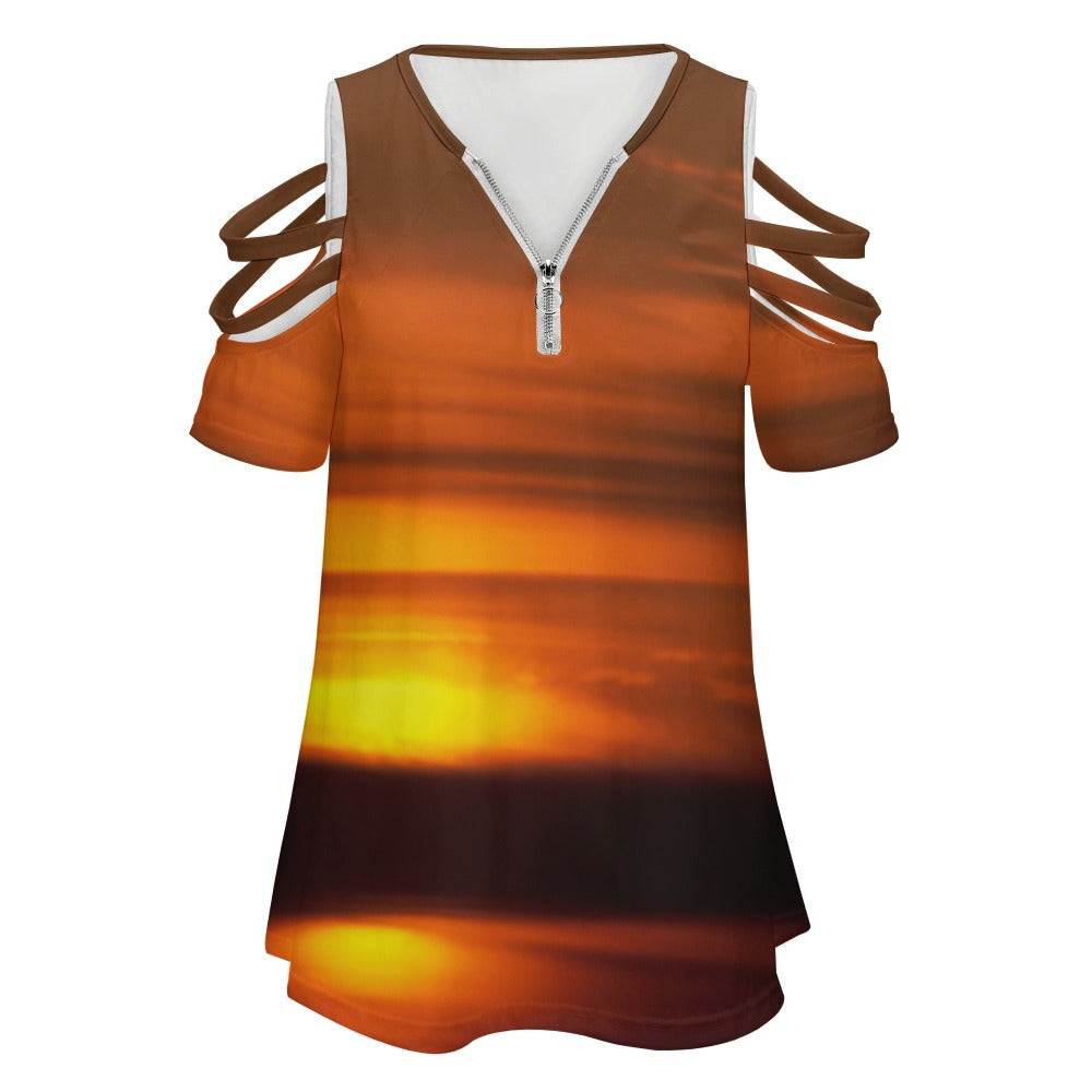 Ladies Beach Sunset BE Zip Off Shoulder Top