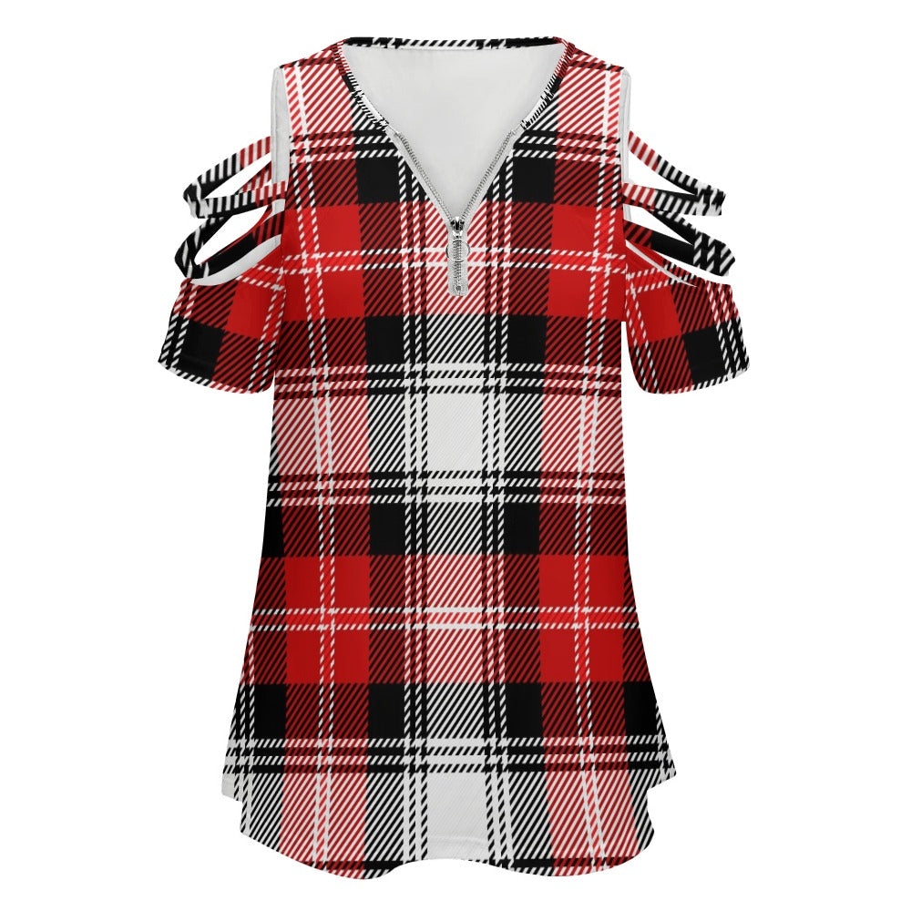 Ladies Plaid BE Zip Off Shoulder Top