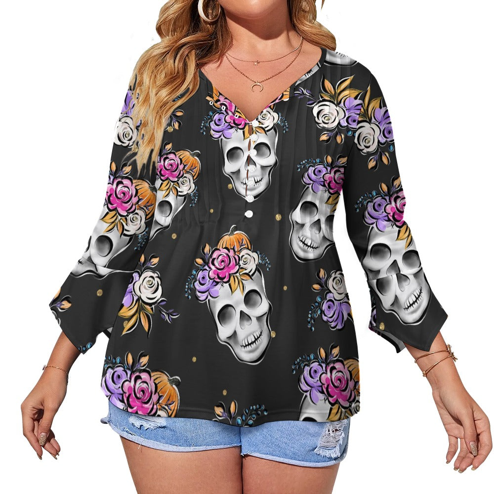 Floral Skulls Ruffled Petal Sleeve Top