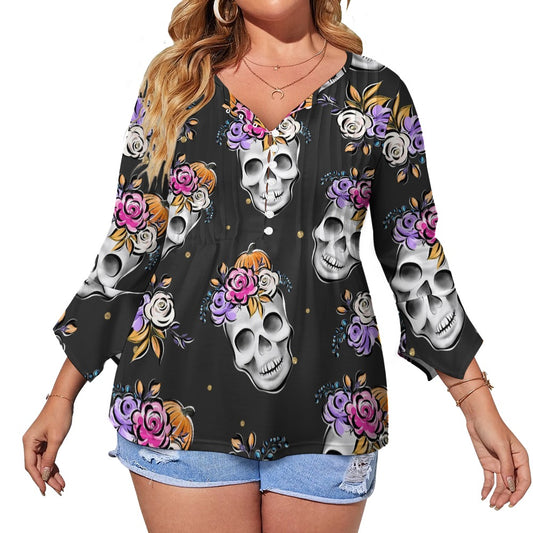Floral Skulls Ruffled Petal Sleeve Top