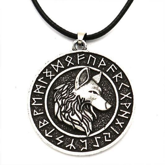 Viking Wolf Head Rune Metal Necklace 23.6''