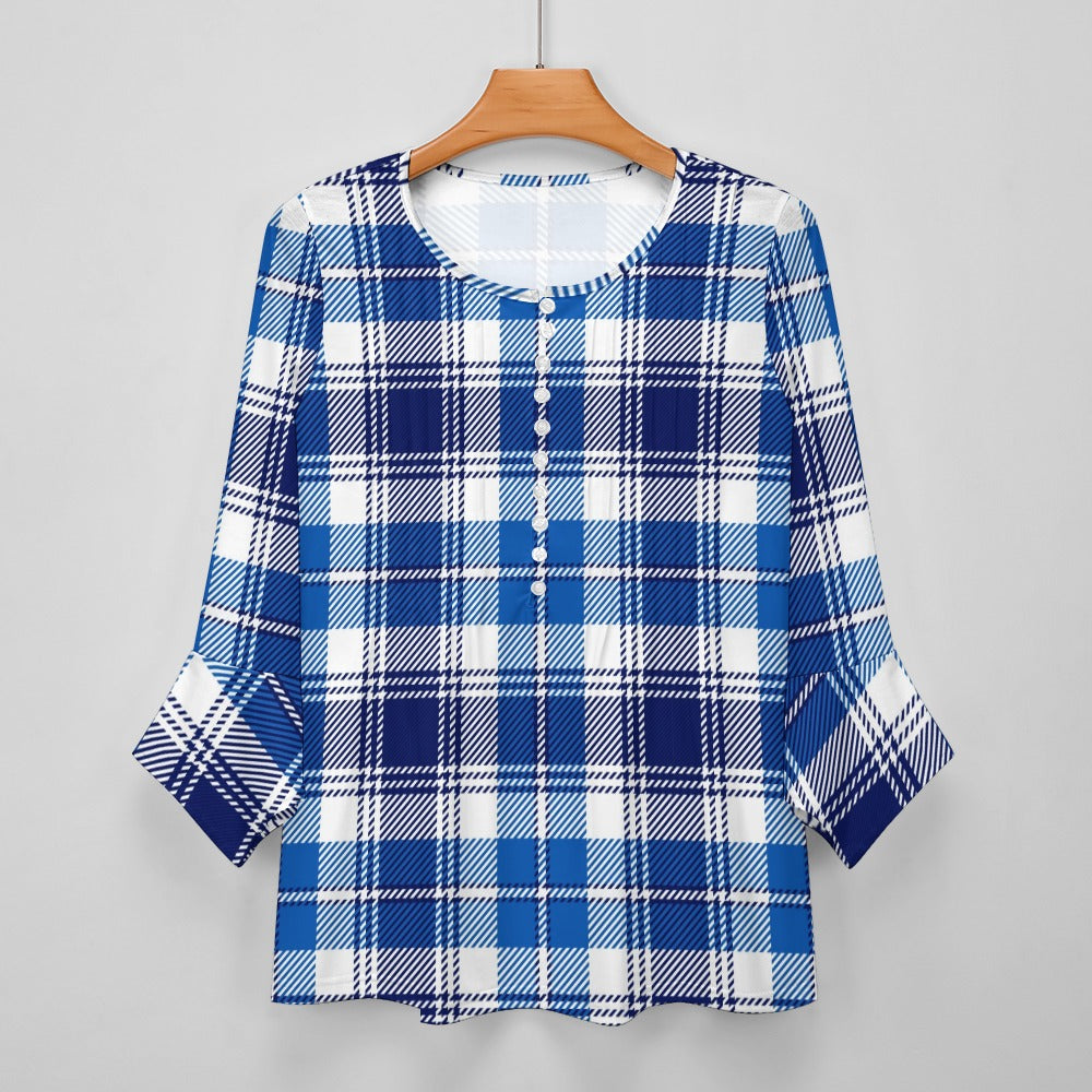 Blue Plaid Ruffled Petal Sleeve Top