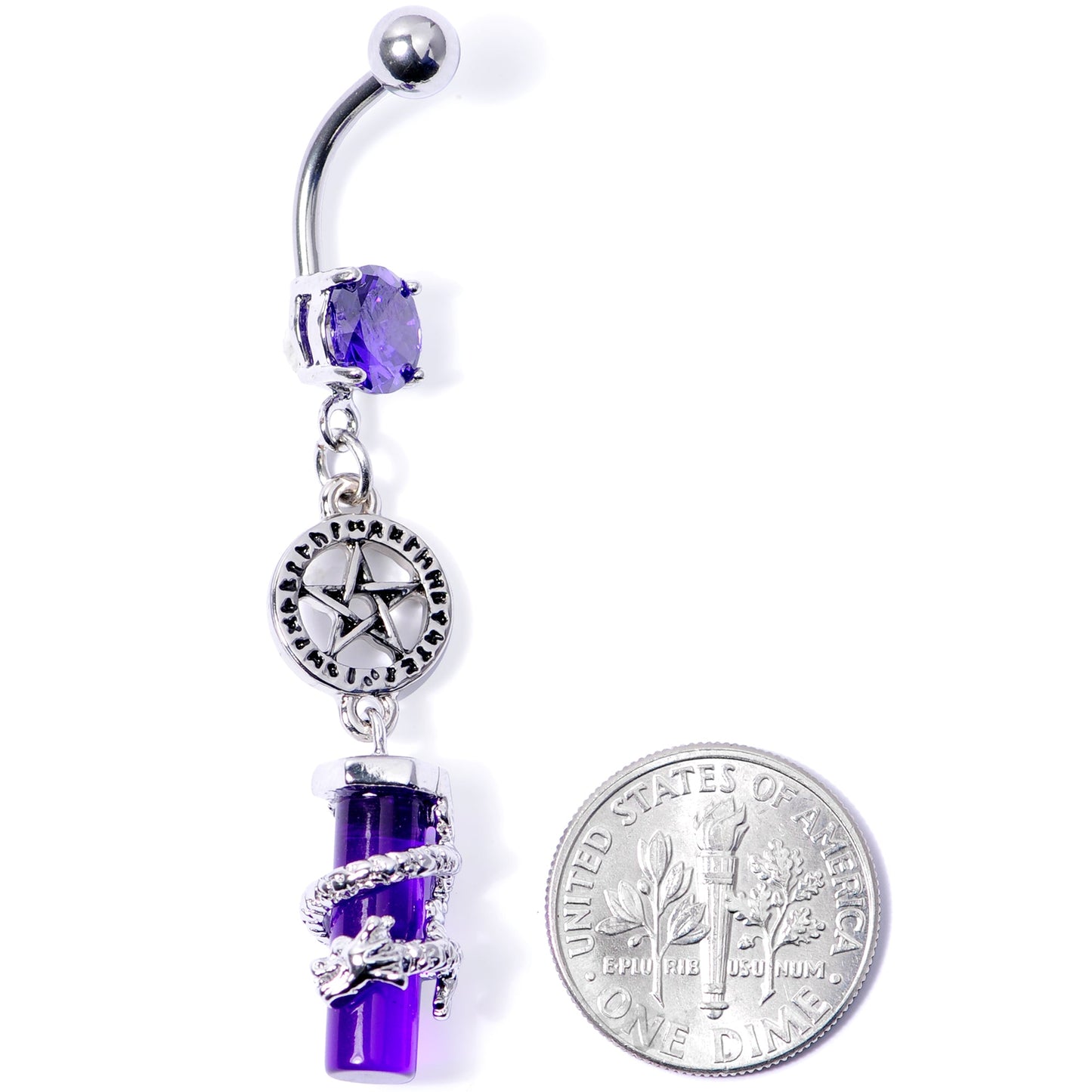 Purple CZ Gem Witch Way Dragon Pentagram Dangle Belly Ring