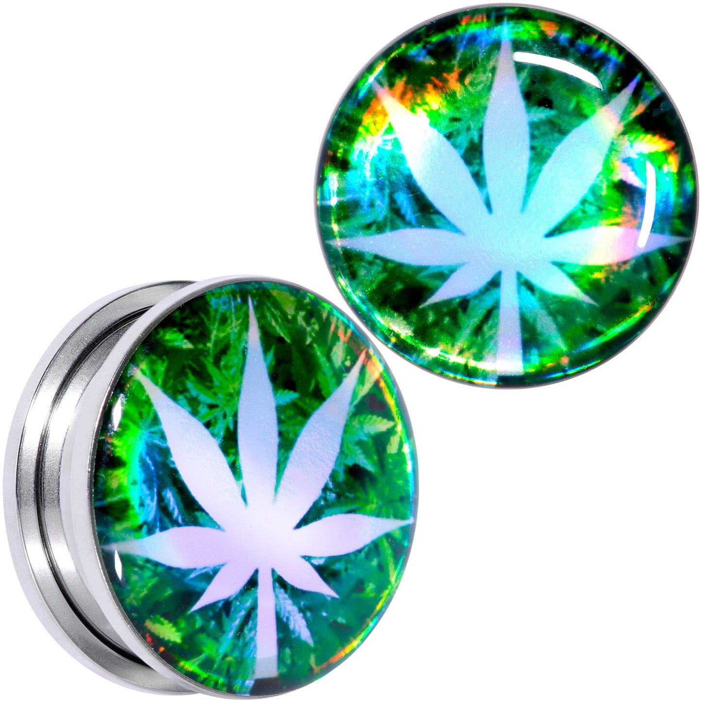 Green Hologram Marijuana Weed Leaf Screw Fit Plug Set 6G to 1 Inch