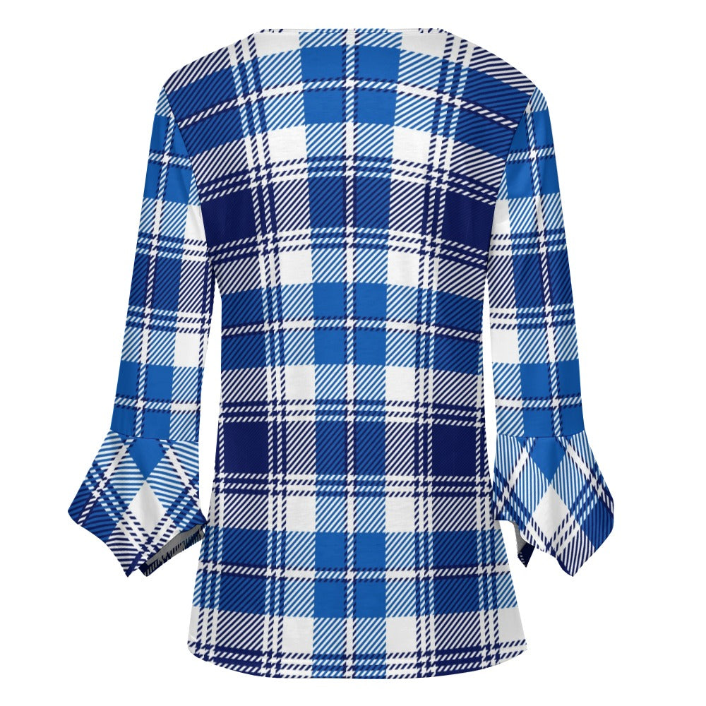 Blue Plaid Ruffled Petal Sleeve Top