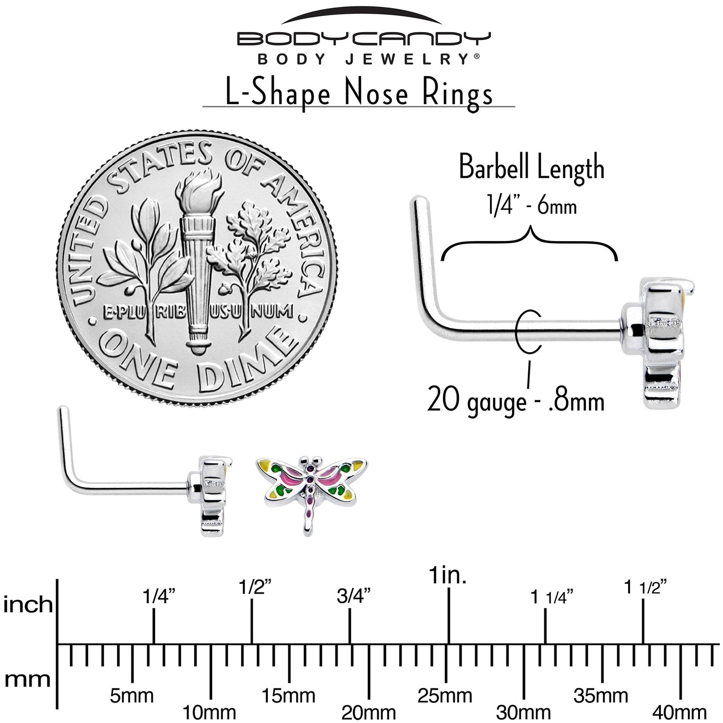 20G 7mm Dragonfly Colors L Shape Nose Ring