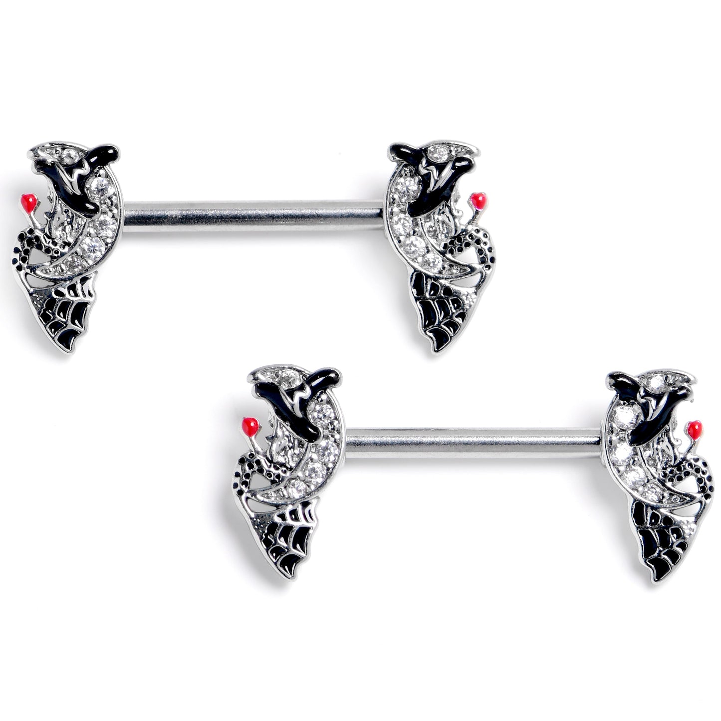 14G 9/16 Clear Gem Crescent Moon Witch Barbell Nipple Ring Set