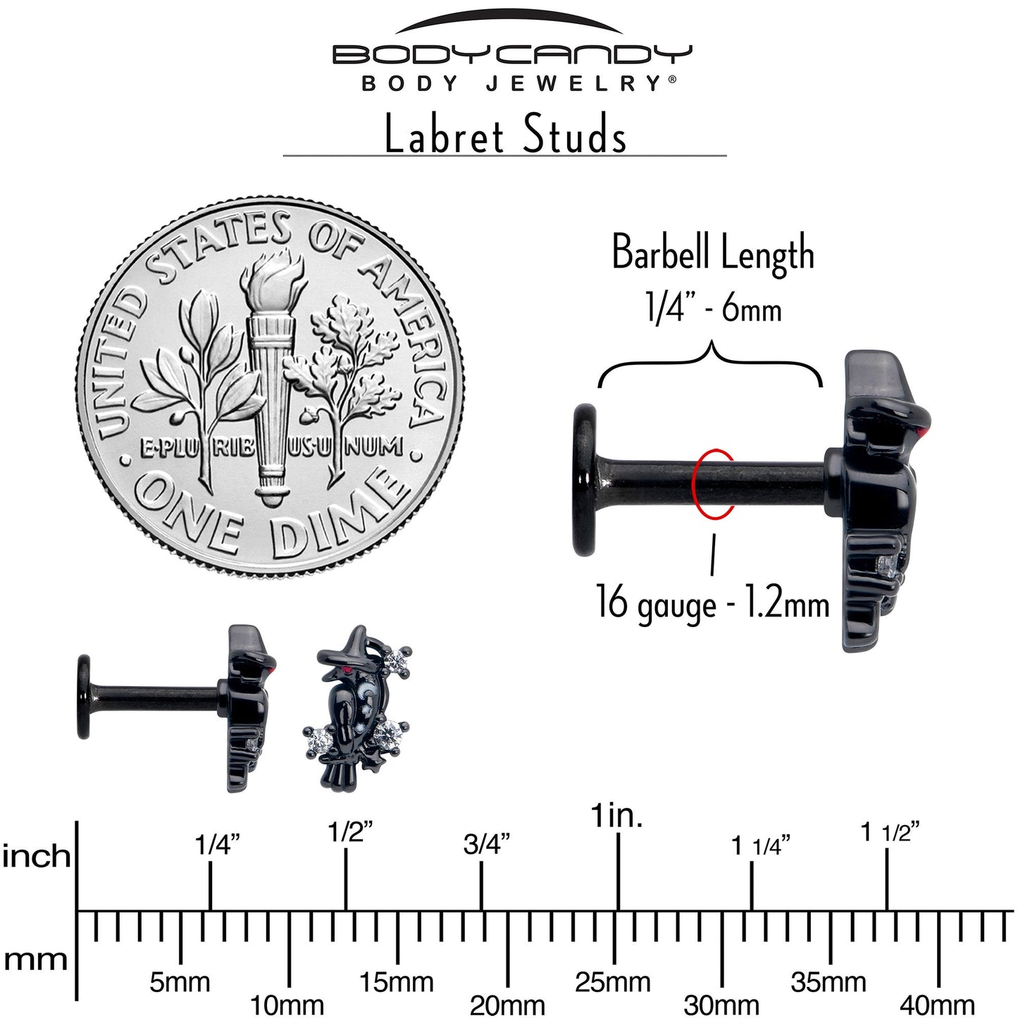 16G 1/4 Clear CZ Gem Black Raven Witch Labret Monroe Tragus