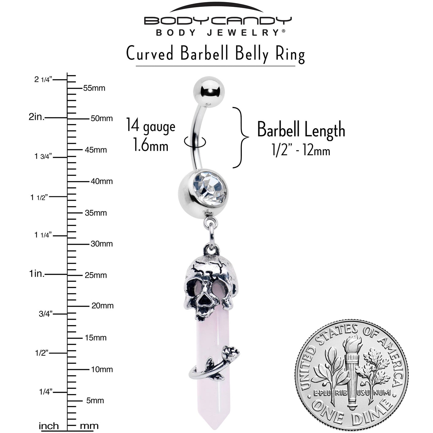 Pink Rose Quartz Skull Obelisk Rose Dangle Belly Ring