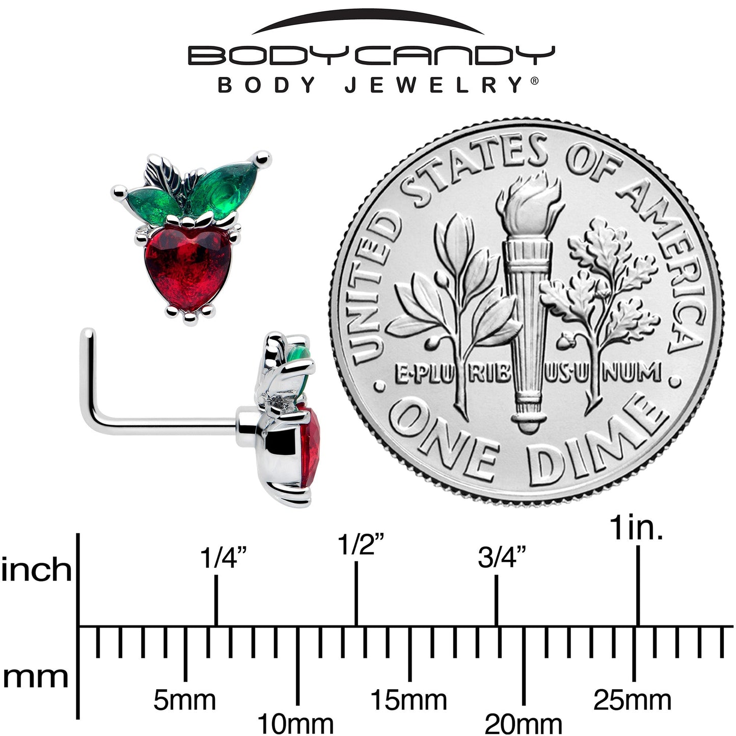 20G 7mm Red Green Gem Strawberry Heart L Shape Nose Ring