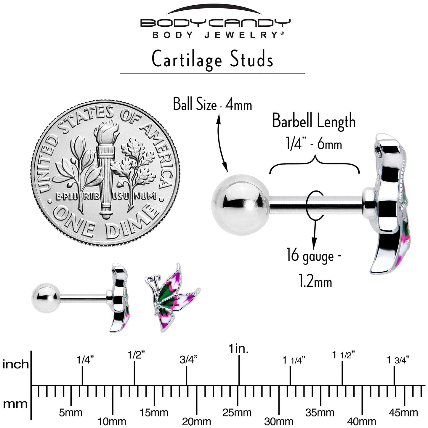 16G 1/4 Profile Butterfly Cartilage Tragus Earring