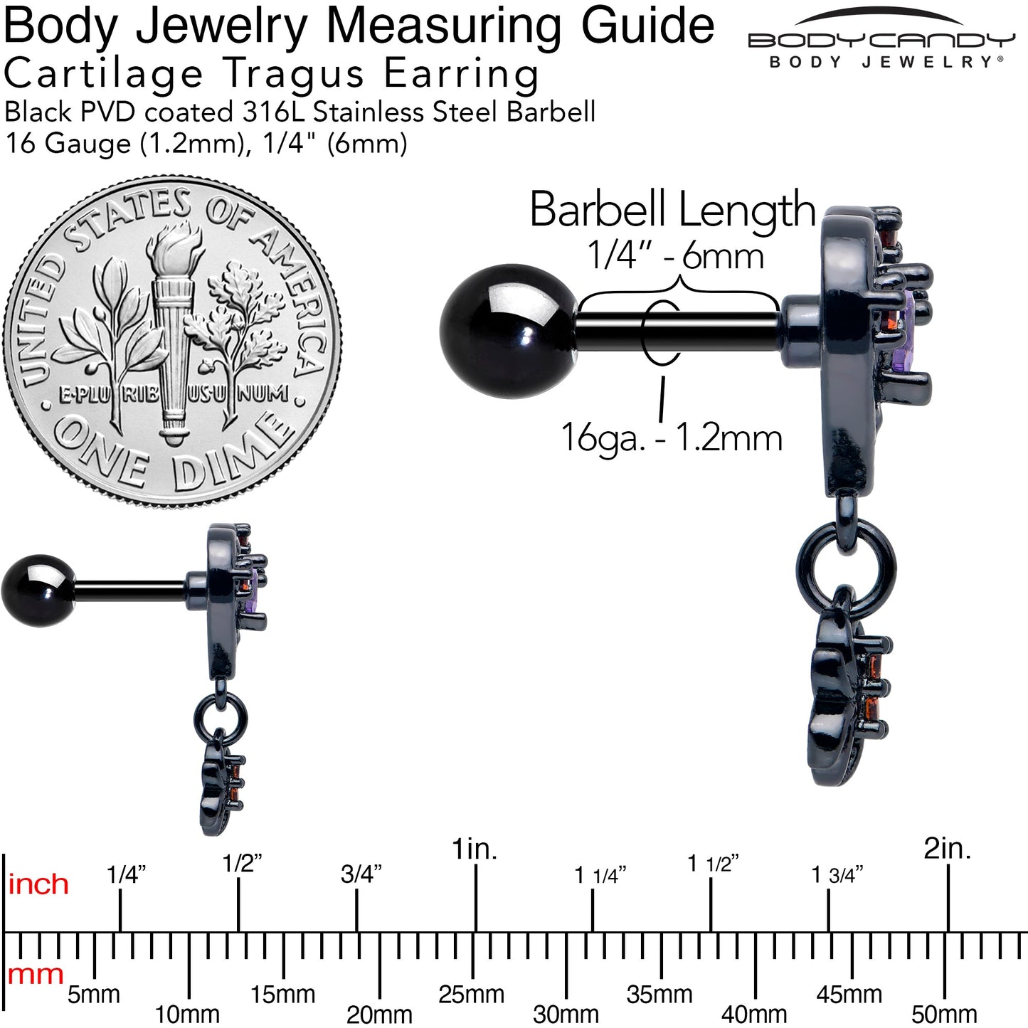 16G 1/4 Red CZ Gem Black Heart Spider Skull Dangle Cartilage Earring