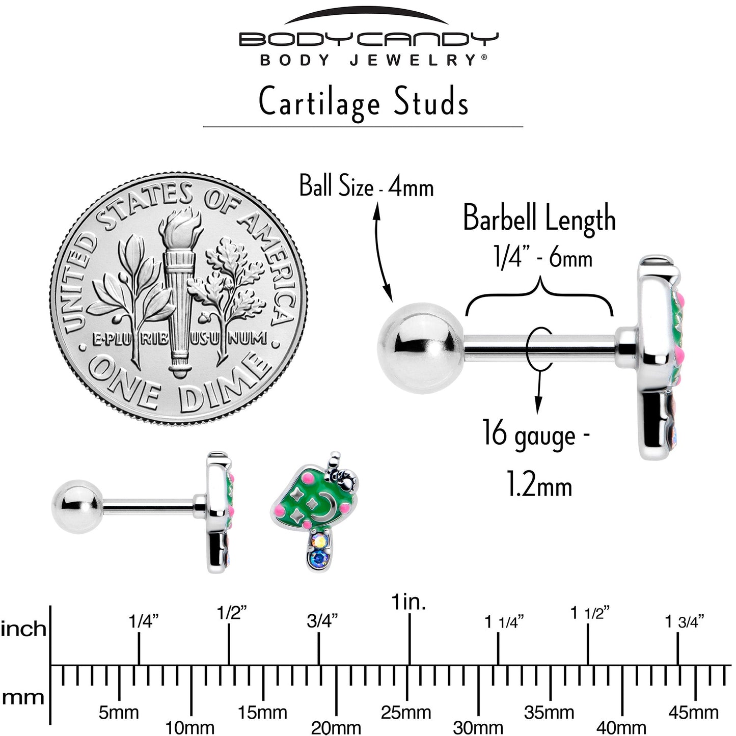 16G 1/4 Aurora Gem Fanciful Green Mushroom Cartilage Tragus Earring