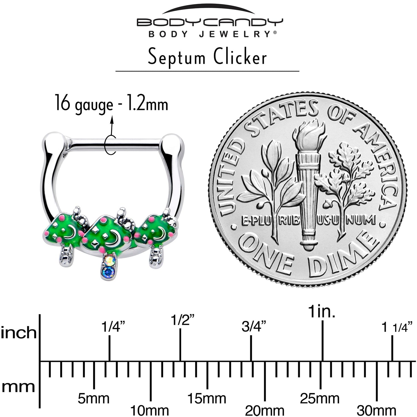 16G 5/16 Aurora Gem Fanciful Green Mushroom Trio Cartilage Clicker
