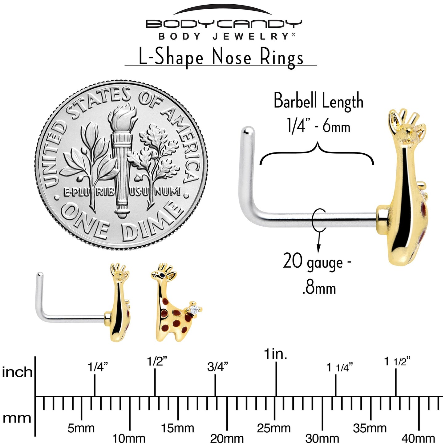 20G 7mm Clear CZ Gem Golden Giraffe L Shape Nose Ring