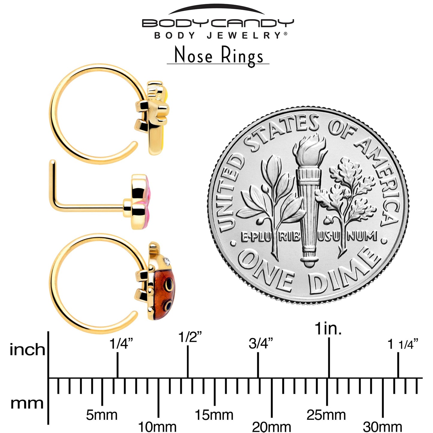 20G Clear Gem Gold Tone Lotus Ladybug L Shape Nose Hoop Set of 3