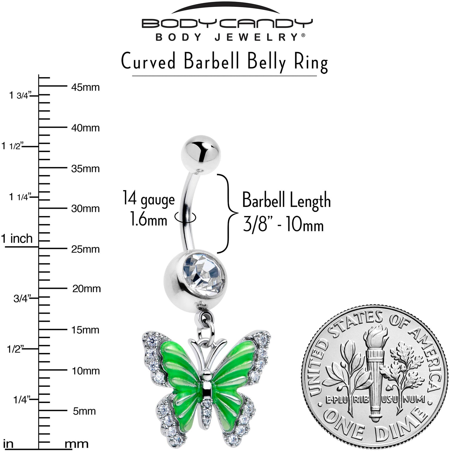 Clear CZ Gem Butterfly Green Dangle Belly Ring