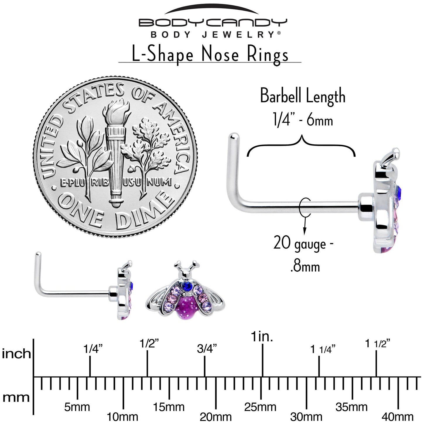 20G 7mm Pink Blue Gem Beautiful Insect L Shape Nose Ring