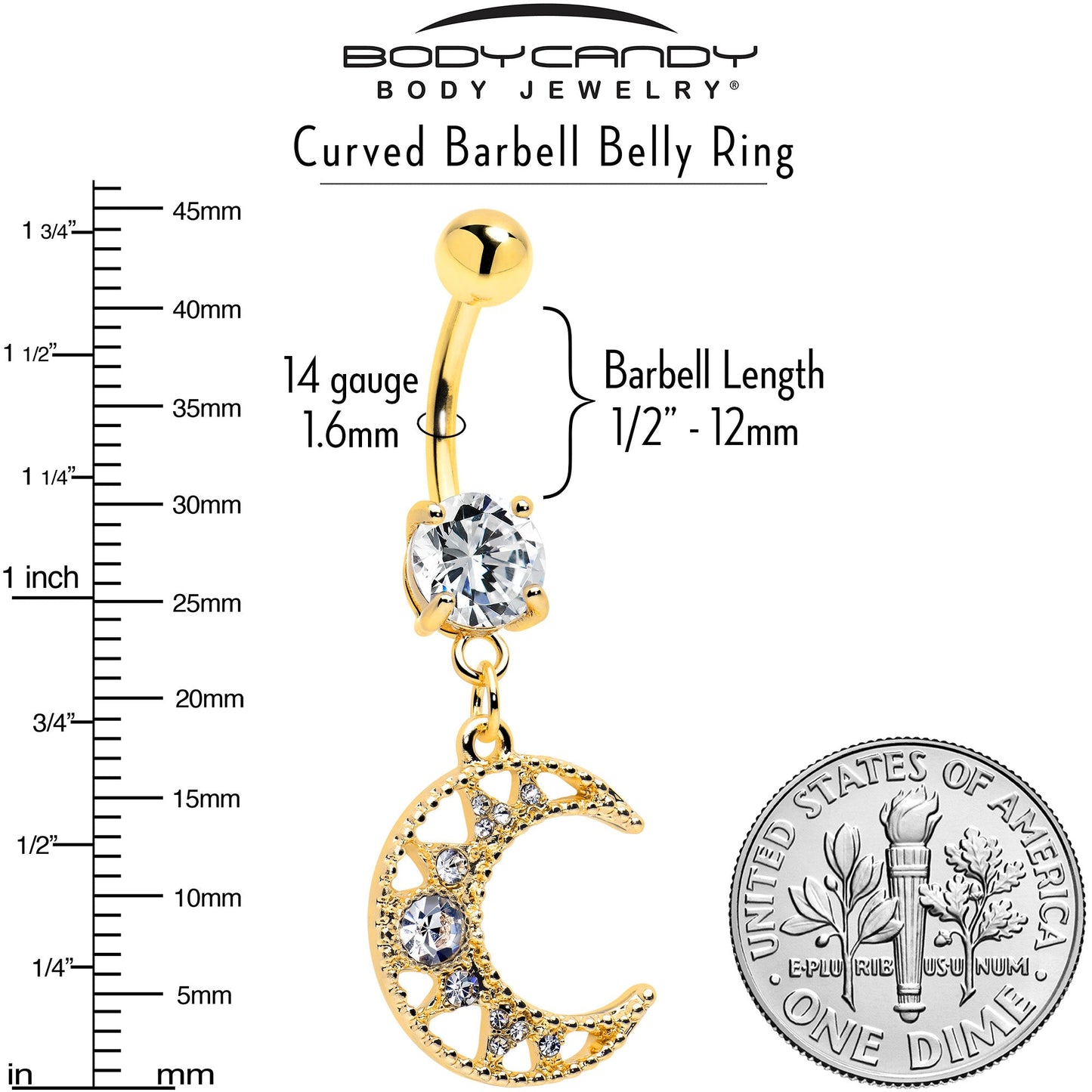 Clear CZ Gem Gold Tone Anodized Crescent Moon Glam Dangle Belly Ring