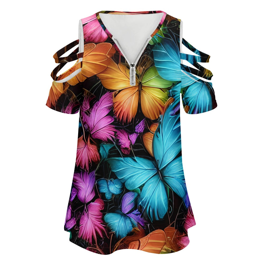 Ladies Colorful Butterfly BE Zip Off Shoulder Top