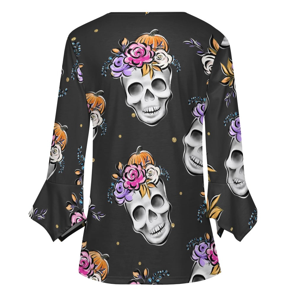 Floral Skulls Ruffled Petal Sleeve Top
