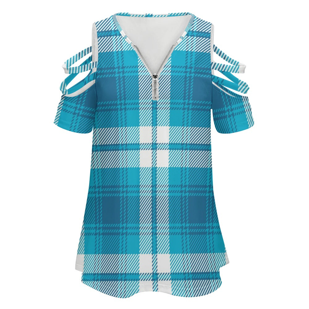 Ladies Blue Plaid BE Zip Off Shoulder Top