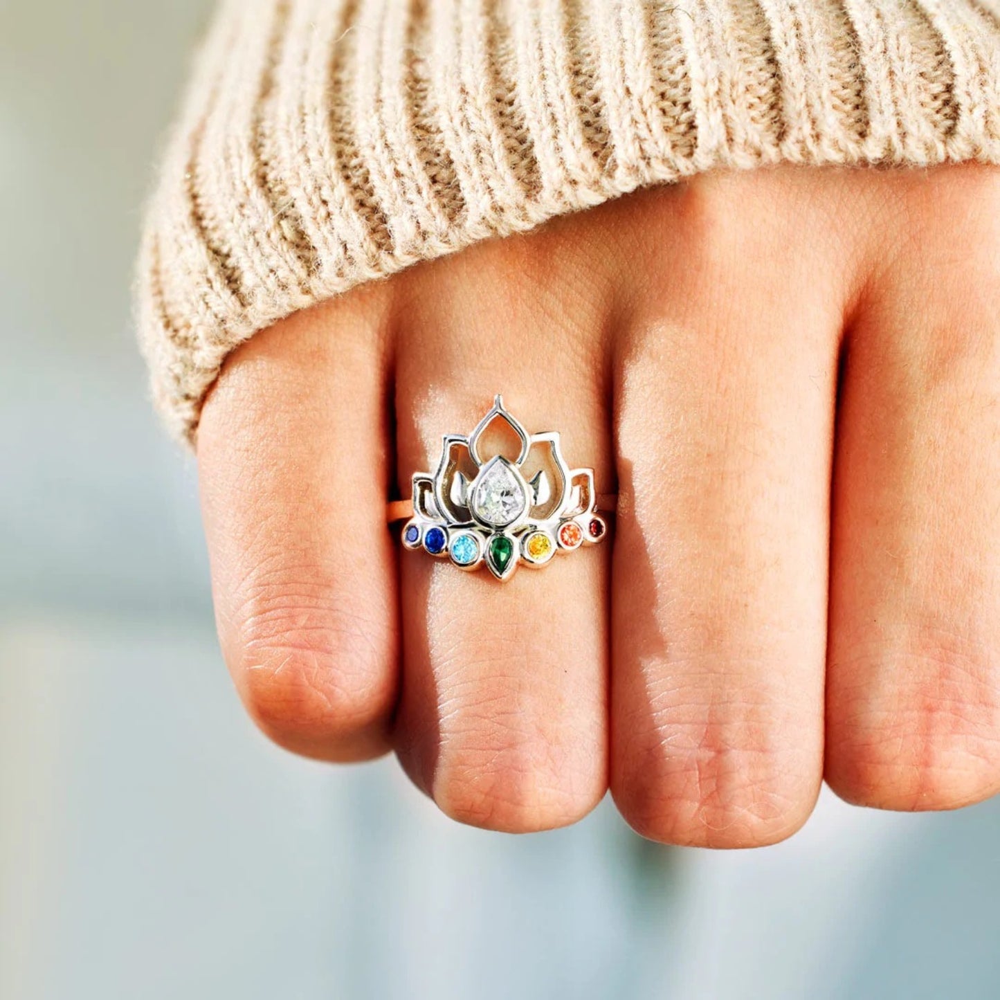 Lotus Shape 925 Sterling Silver Inlaid Zircon Ring