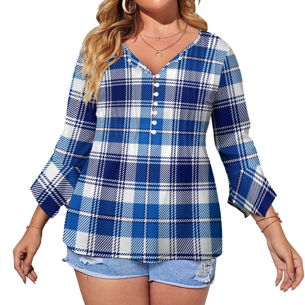 Blue Plaid Ruffled Petal Sleeve Top