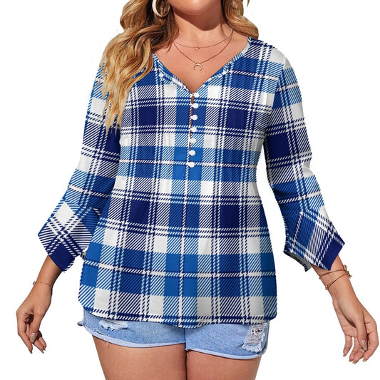 Blue Plaid Ruffled Petal Sleeve Top