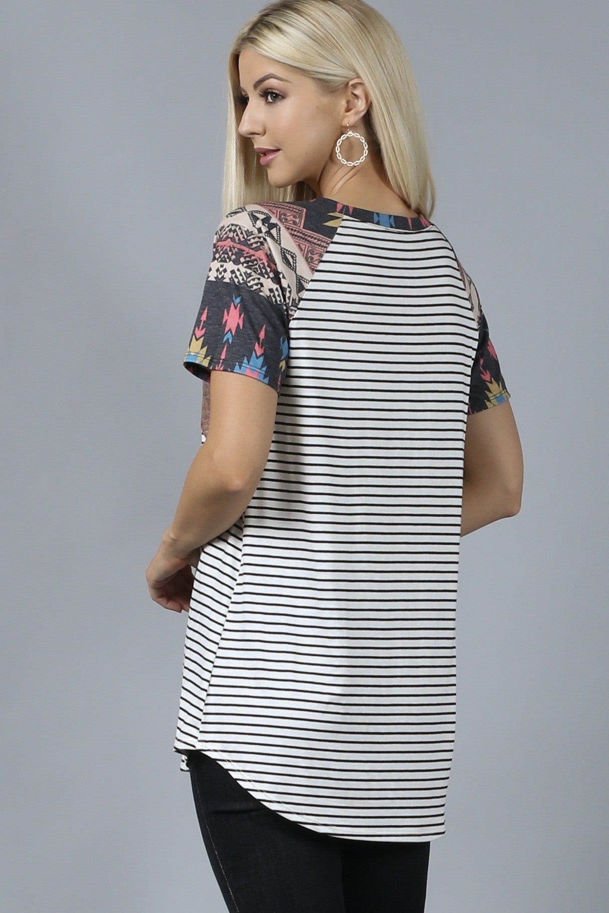 Aztec Stripe Print Sequin Pocket Accent Top