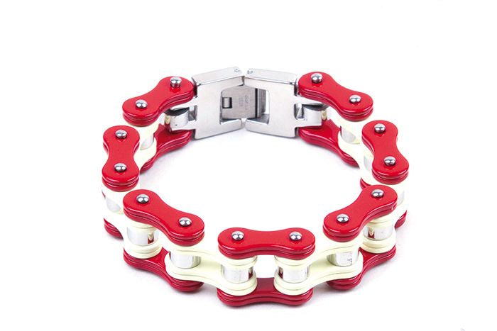 Red & White Stainless Steel Motorcycle Chain Bracelet