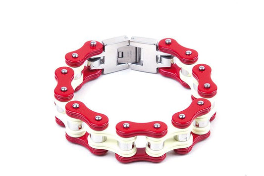 Red & White Stainless Steel Motorcycle Chain Bracelet