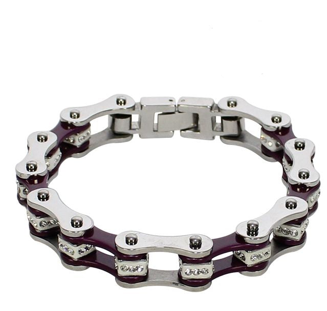 Large Chrome and Violet Motorcycle Chain Bracelet with Gemstones