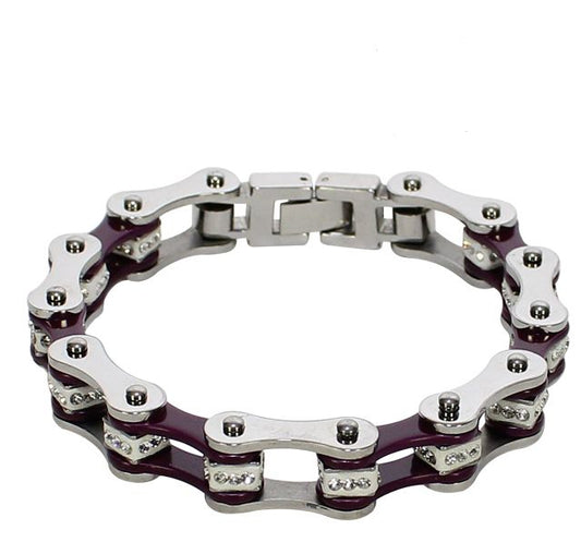 Large Chrome and Violet Motorcycle Chain Bracelet with Gemstones