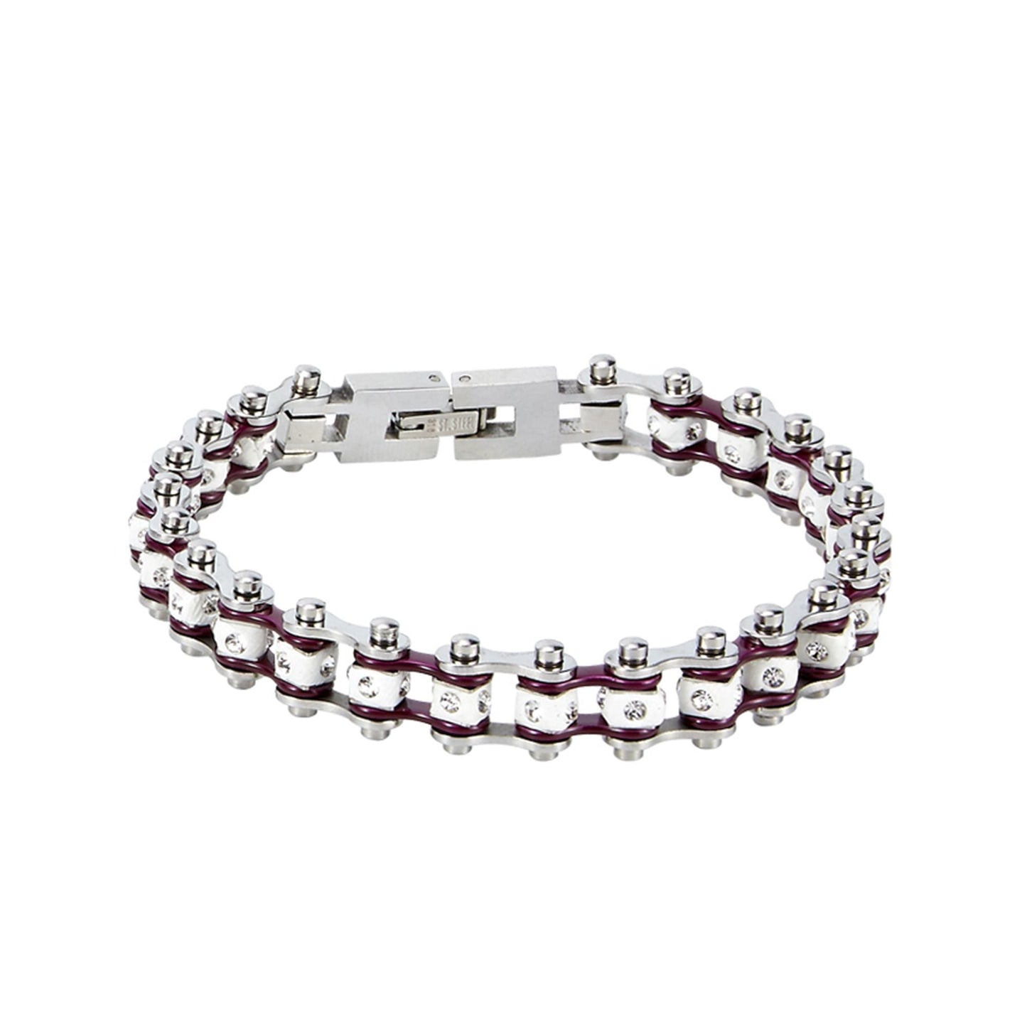 Chrome and Purple Squared Motorcycle Bracelet With Clear Gemstones