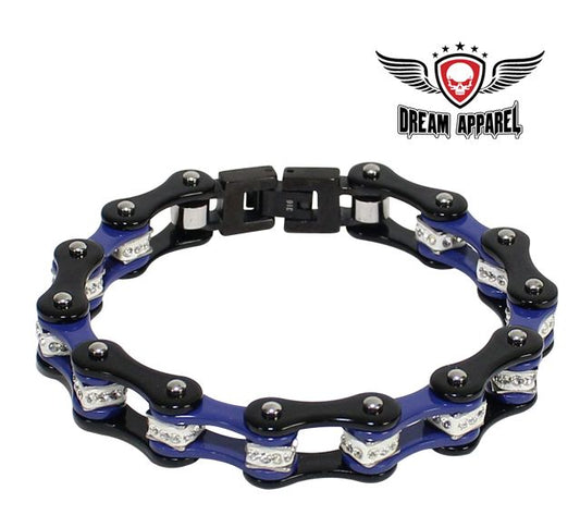 Black And Blue Squared Motorcycle Bracelet With Clear Gemstones