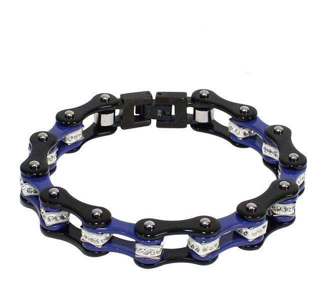 Black And Blue Squared Motorcycle Bracelet With Clear Gemstones