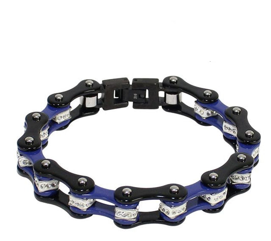 Black And Blue Squared Motorcycle Bracelet With Clear Gemstones