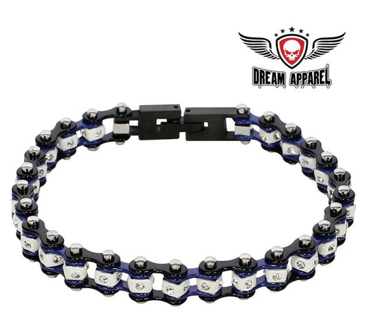 Black Chrome and Blue Squared Motorcycle Bracelet With Clear Gemstones